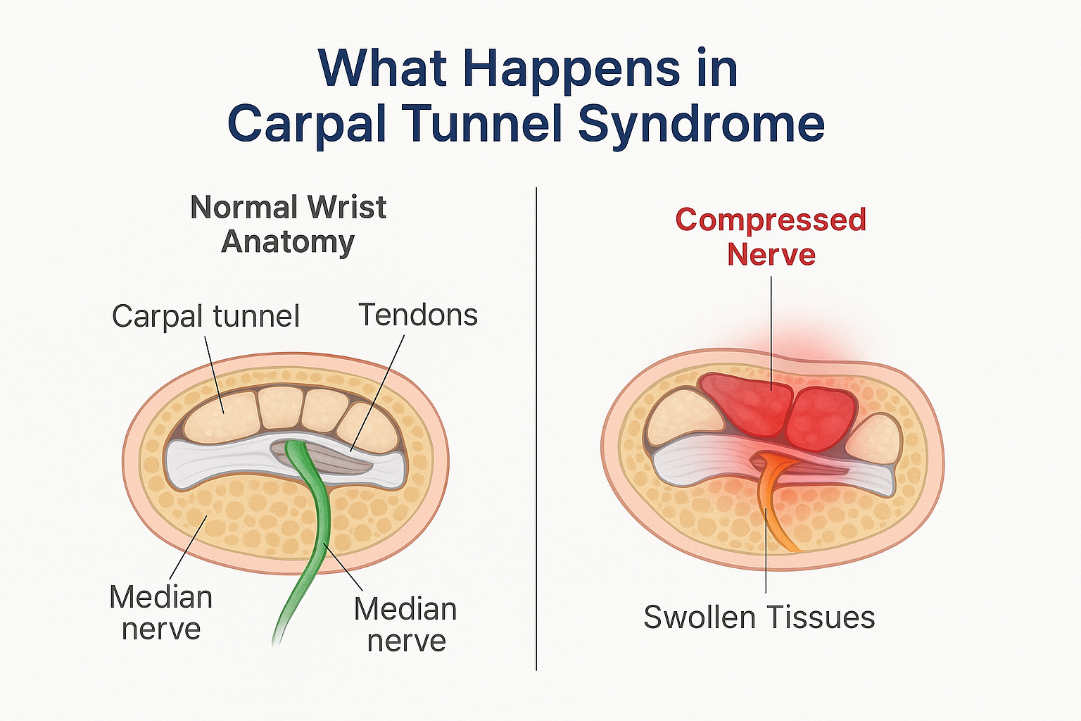 Professional landscape medical diagram (1536x1024) for section "Understanding Carpal Tunnel Syndrome". Type: Anatomical Illustration with La