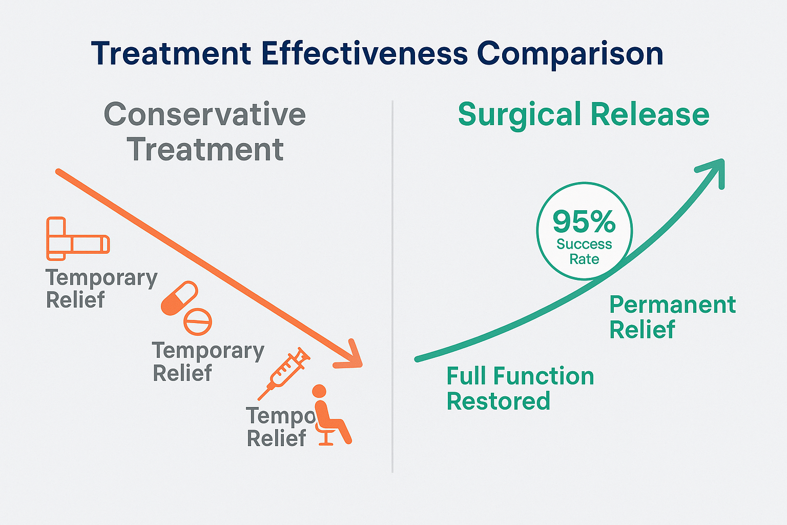 Professional landscape comparison infographic (1536x1024) for section "Why Surgery Delivers Superior Results". Type: Before/After Comparison