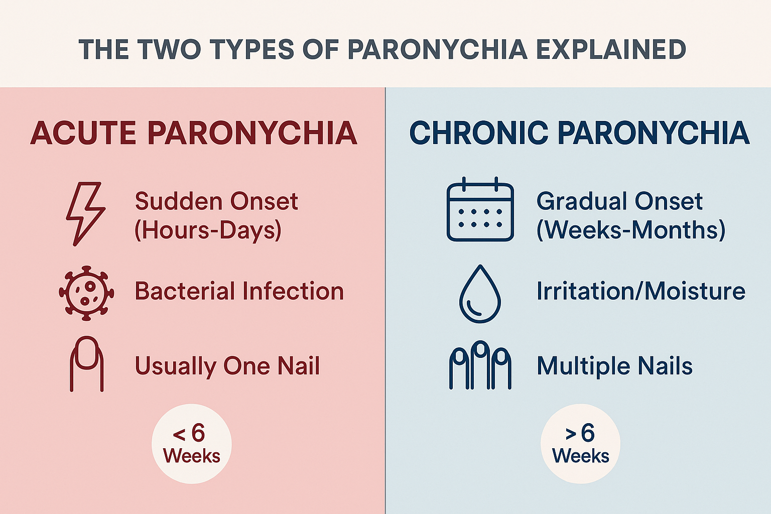 Professional landscape medical infographic (1536x1024) for section "The Two Types of Paronychia Explained". Type: Comparison Chart. Split-sc