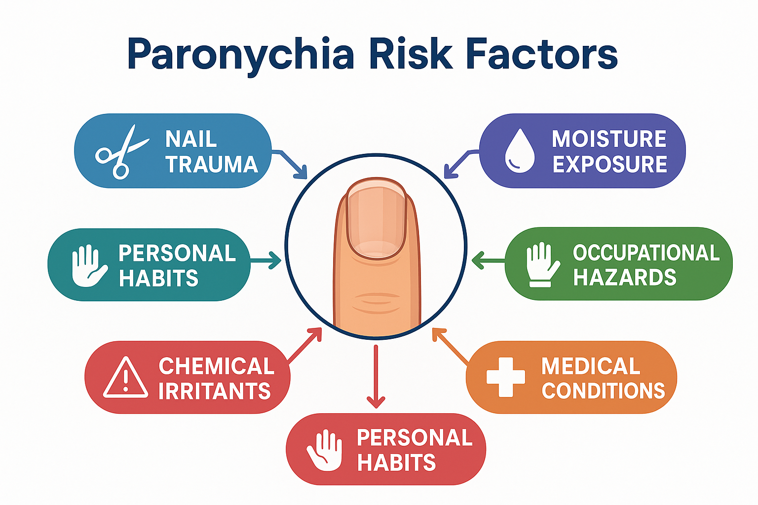 Professional landscape infographic (1536x1024) for section "What Causes Paronychia". Type: Risk Factor Diagram. White background with center