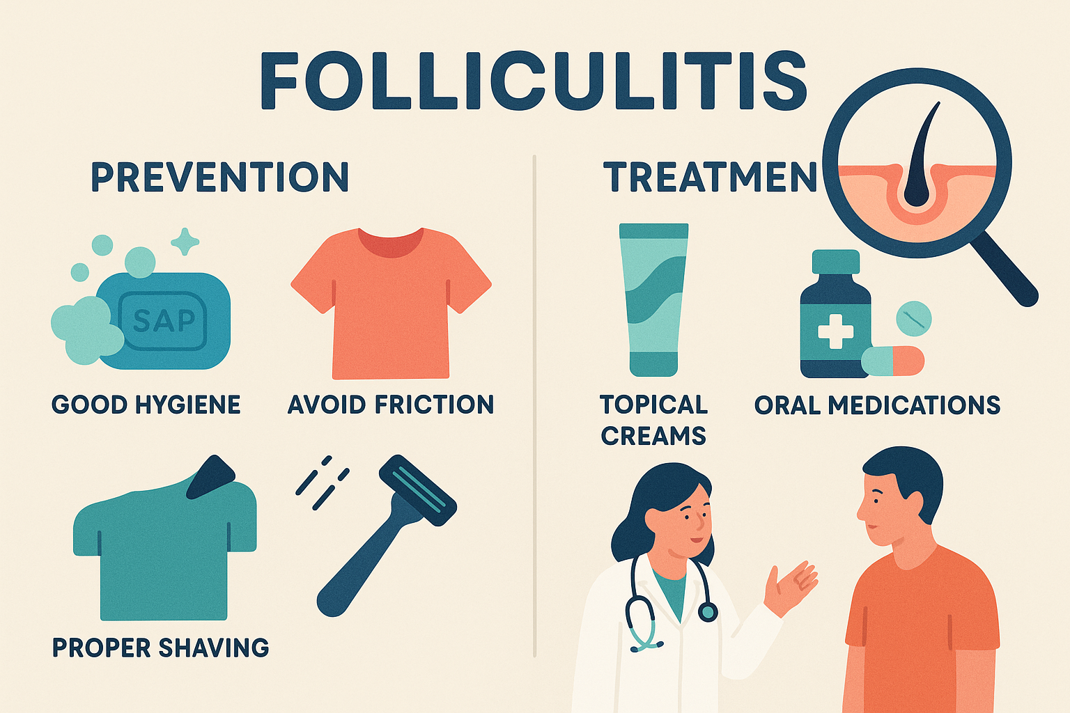 A concept illustration depicting various prevention strategies and treatment options for folliculitis. Show icons representing good hygiene 