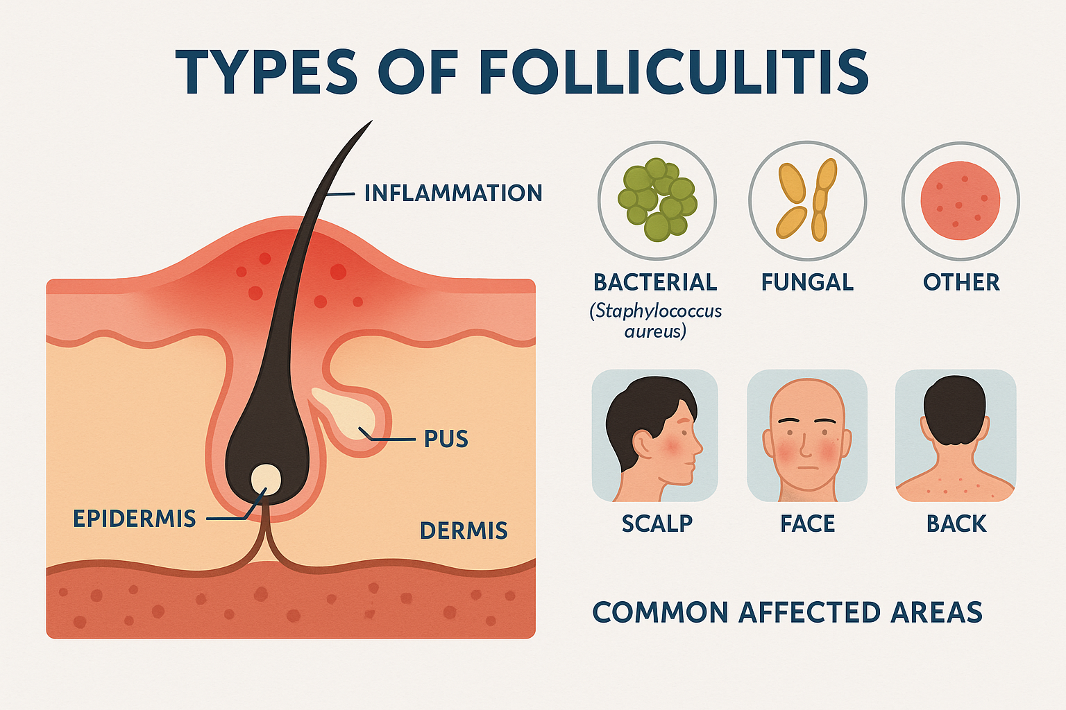 A detailed infographic illustrating the different types of folliculitis, with clear icons representing bacterial (Staphylococcus aureus), fu