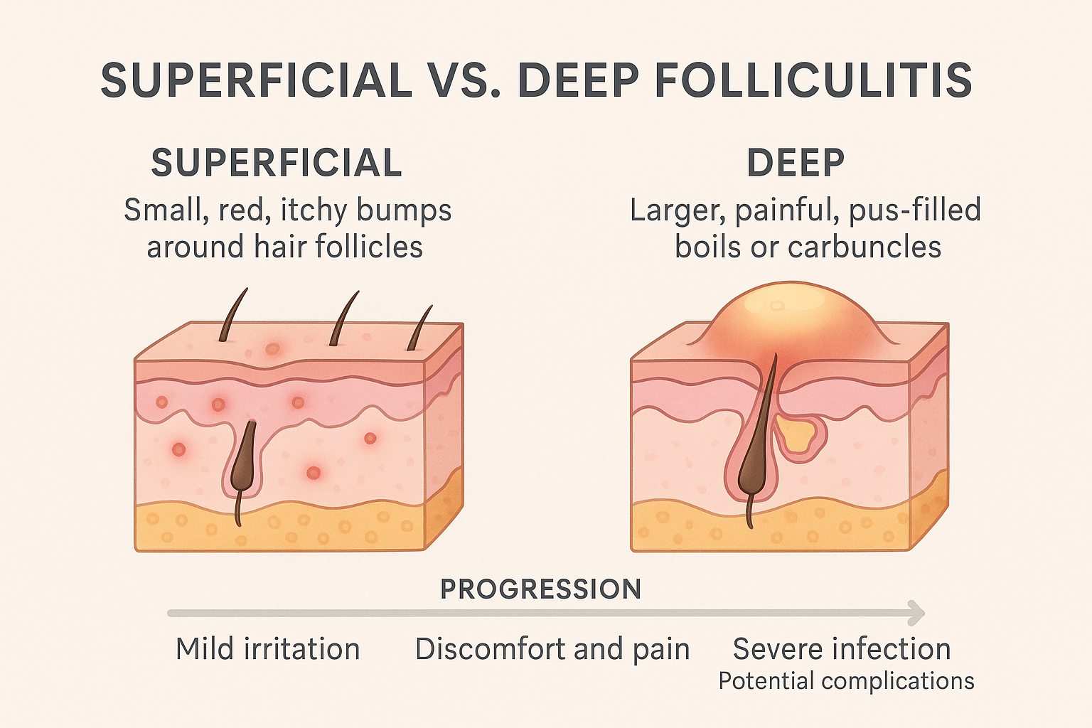 A visual comparison chart (infographic style) detailing the symptoms of superficial vs. deep folliculitis. For superficial, show small, red,