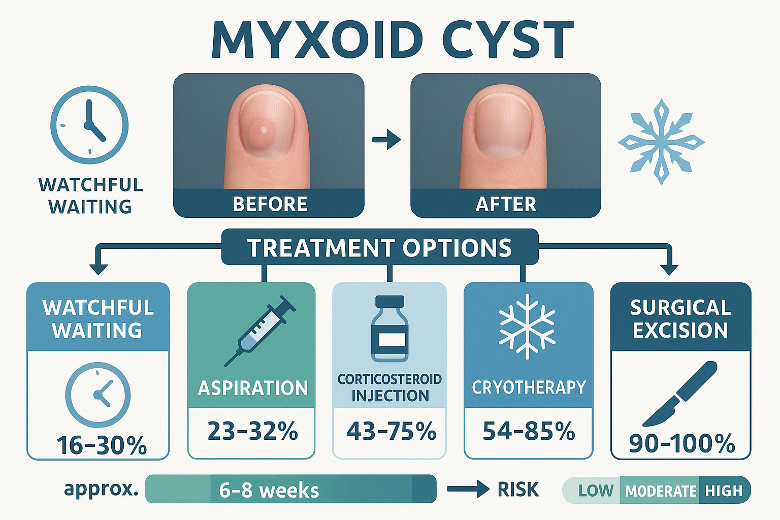 Comprehensive landscape infographic image (1536x1024) displaying treatment options flowchart for myxoid cysts with visual icons: watchful wa