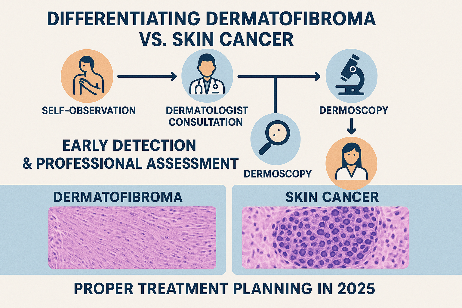 An infographic-style image illustrating the diagnostic journey for differentiating dermatofibroma vs. skin cancer. The image features a flow
