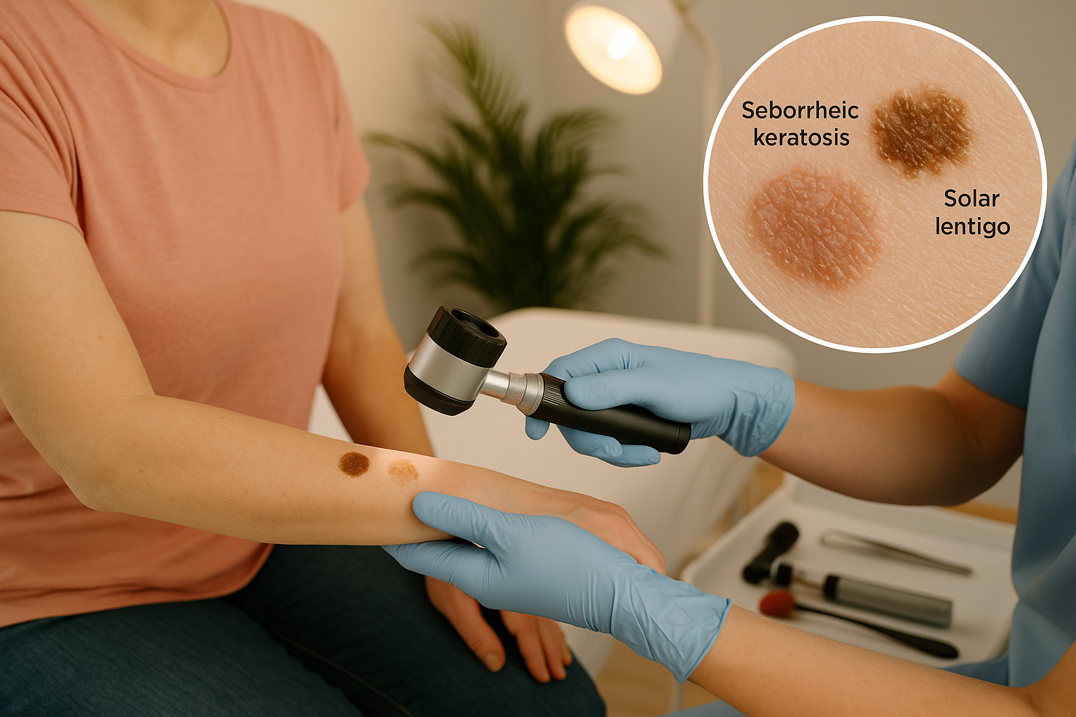 Clinical examination scene showing dermatologist's gloved hand using dermatoscope examining skin lesions on patient's arm, magnified view in