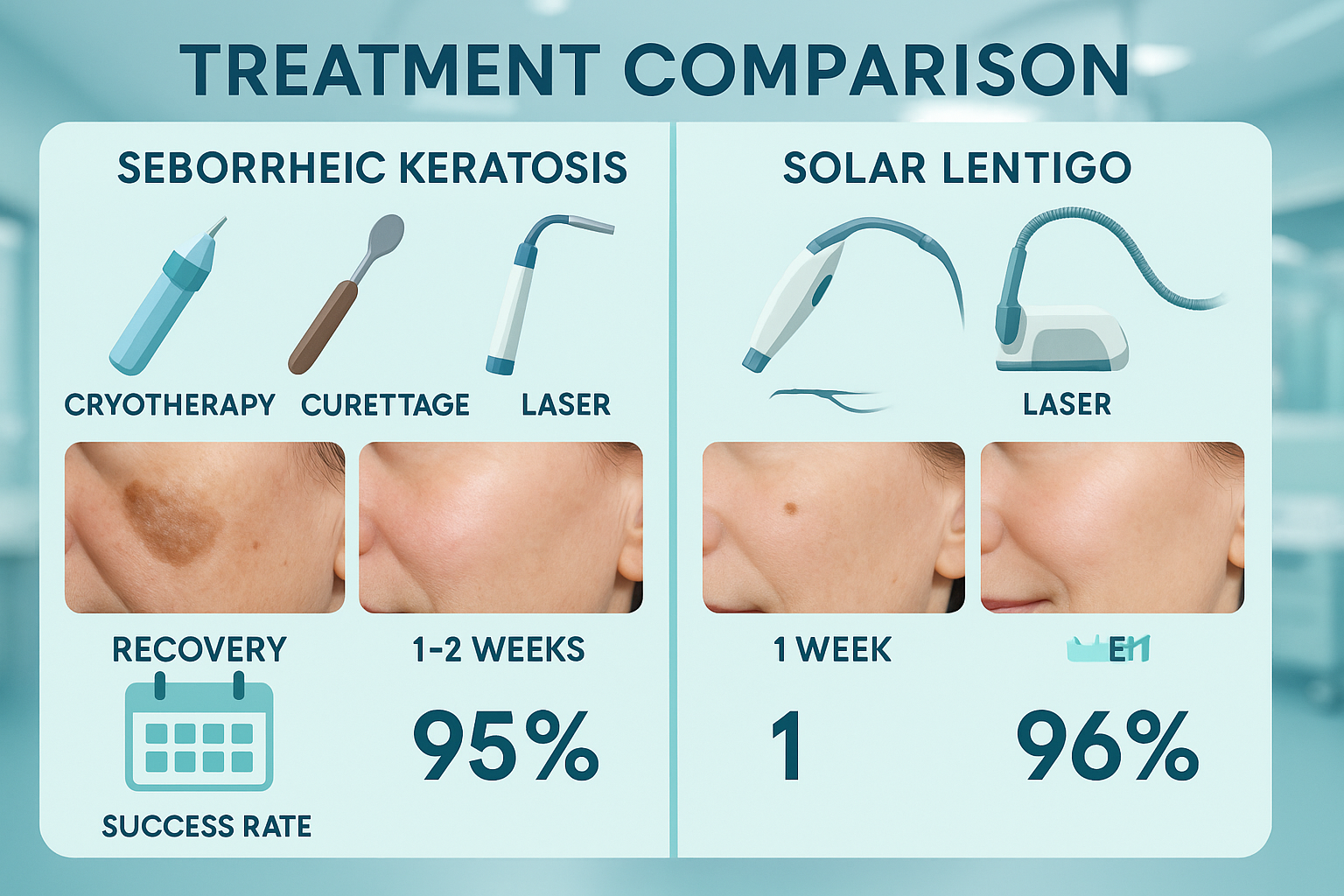 Treatment comparison infographic showing removal options for seborrheic keratosis versus solar lentigo, split-screen layout with surgical in