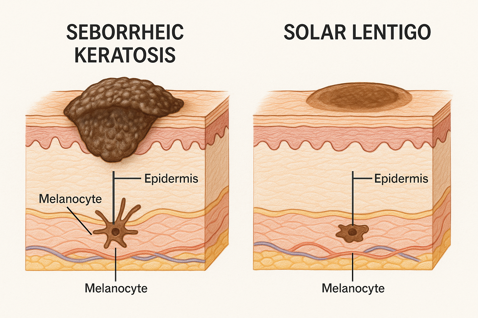 Detailed medical illustration showing side-by-side comparison of seborrheic keratosis and solar lentigo on human skin, cross-section view re