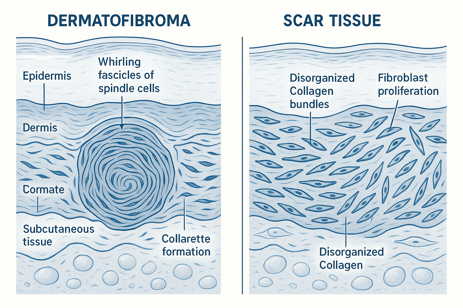 Detailed medical illustration showing side-by-side comparison of dermatofibroma and scar tissue at cellular level, cross-section view of ski