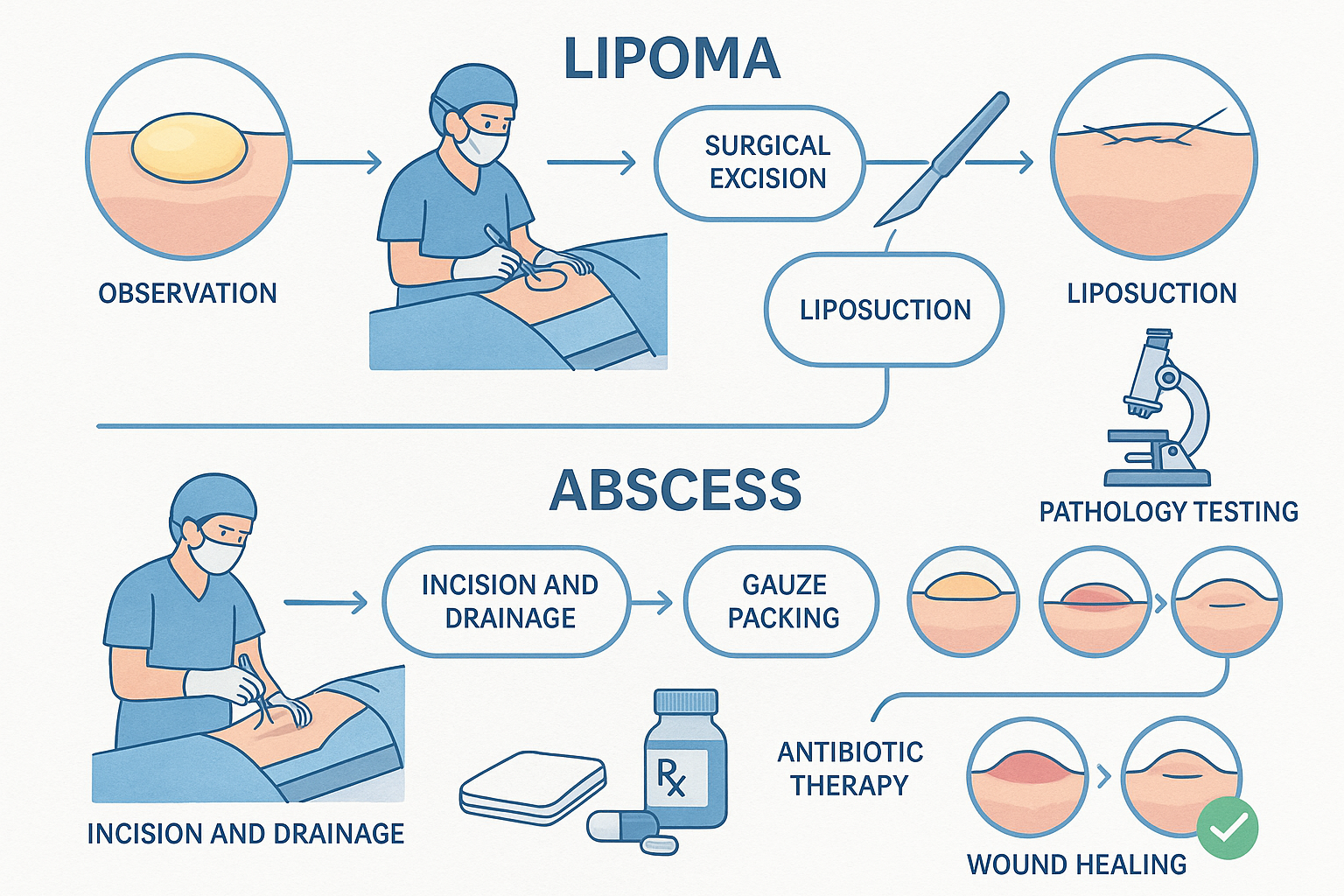 Comprehensive treatment pathway illustration (1536x1024) displaying lipoma and abscess management approaches in parallel flowcharts. Top sec