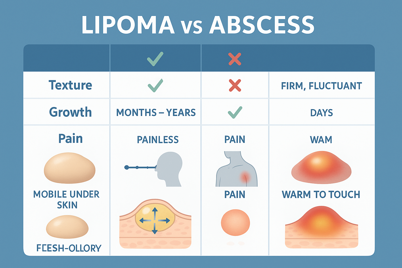 Detailed medical comparison infographic (1536x1024) showing side-by-side visual characteristics of lipoma versus abscess. Left panel display