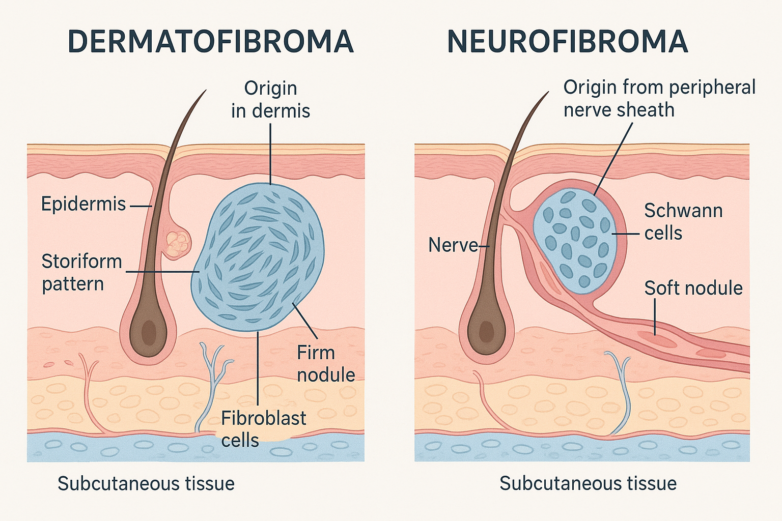 Detailed medical comparison infographic (1536x1024) showing side-by-side anatomical cross-sections of dermatofibroma and neurofibroma in ski