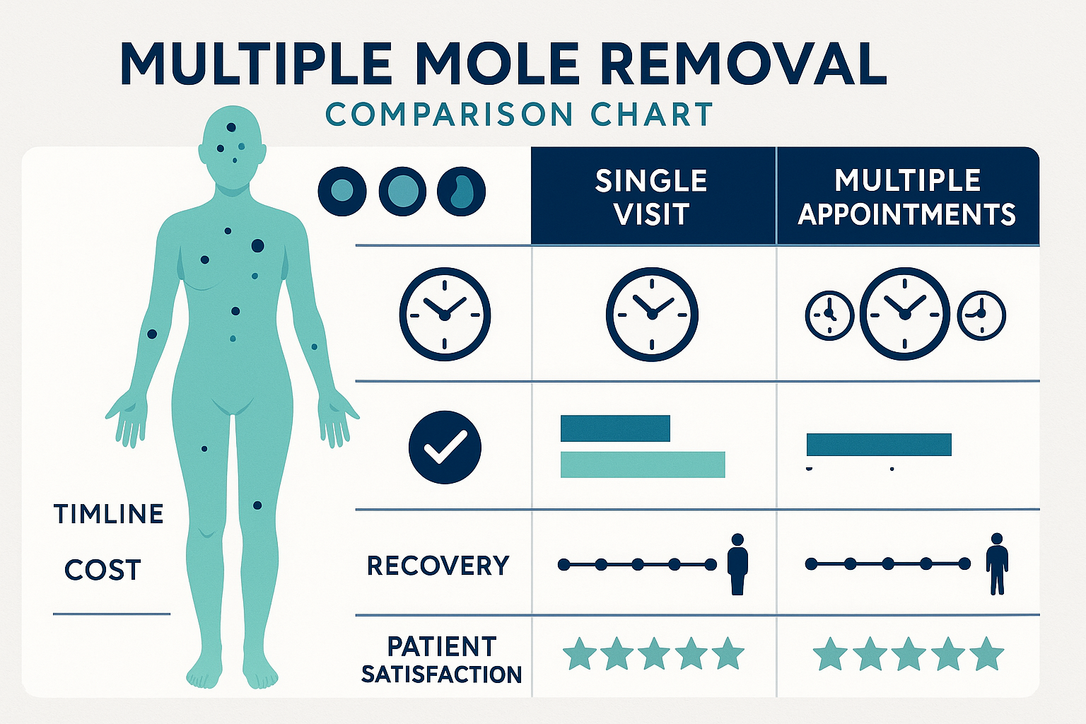 Detailed medical infographic showing comparison chart of multiple mole removal in single visit versus multiple appointments, featuring timel