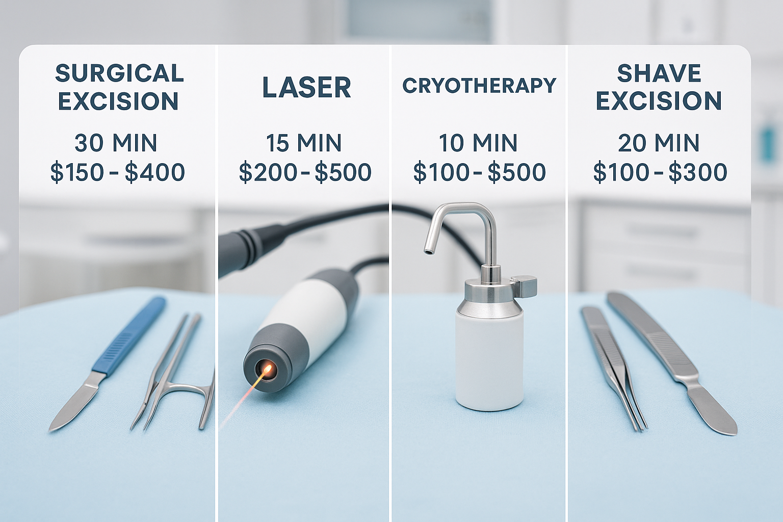 Professional medical photograph showing various mole removal techniques side-by-side: surgical excision tools, laser equipment, cryotherapy 