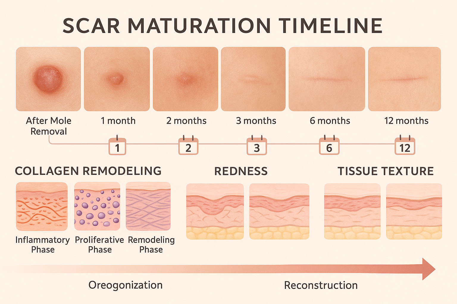 Detailed scar maturation timeline infographic showing 12-month healing journey after mole removal, featuring monthly progression photos of h