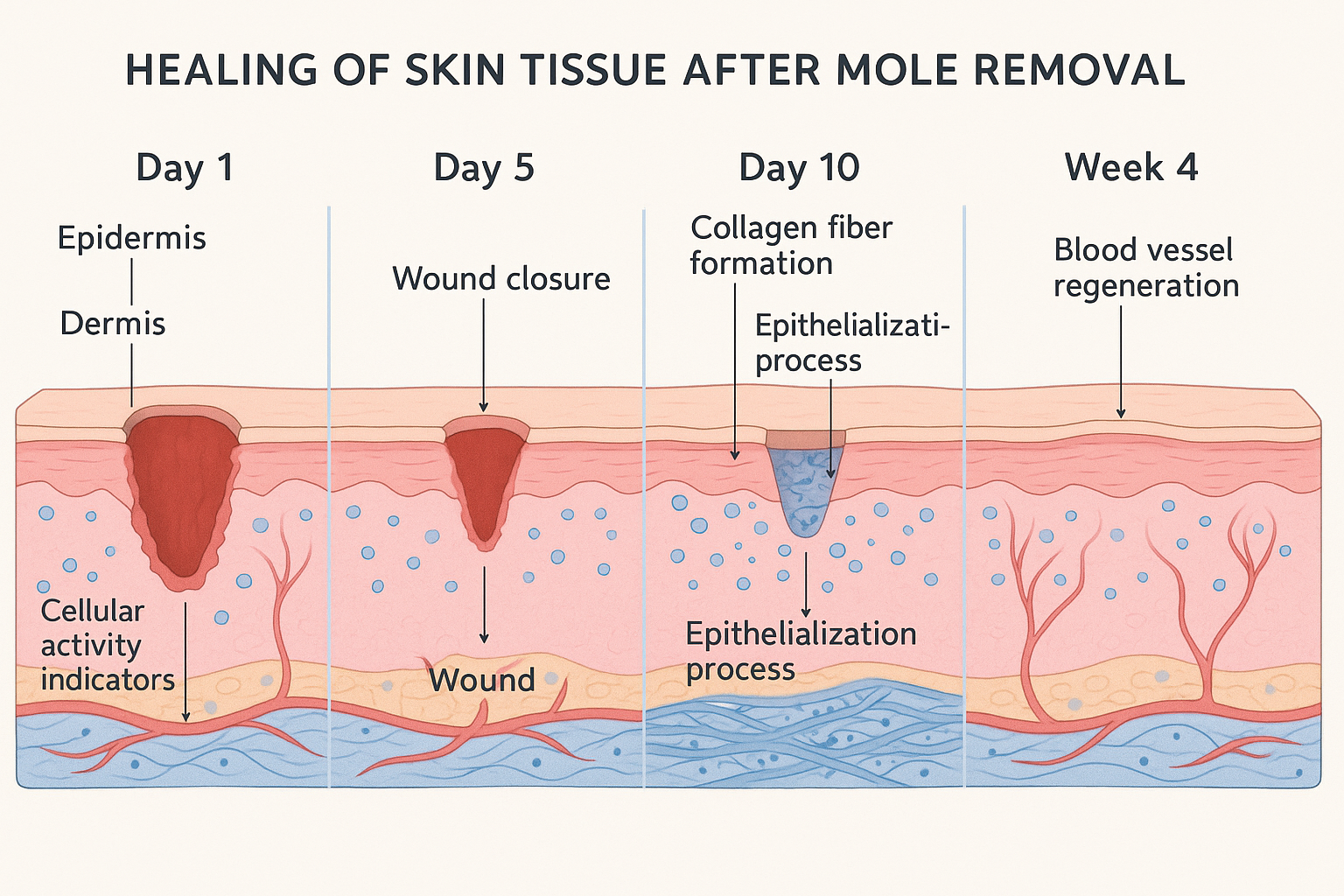 Cross-sectional anatomical diagram of skin tissue healing stages after mole removal, showing epidermis and dermis layers, wound closure prog
