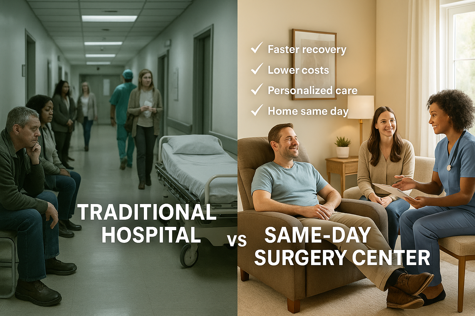 Landscape split-comparison image (1536x1024) contrasting traditional hospital surgery experience versus modern same-day surgery center effic