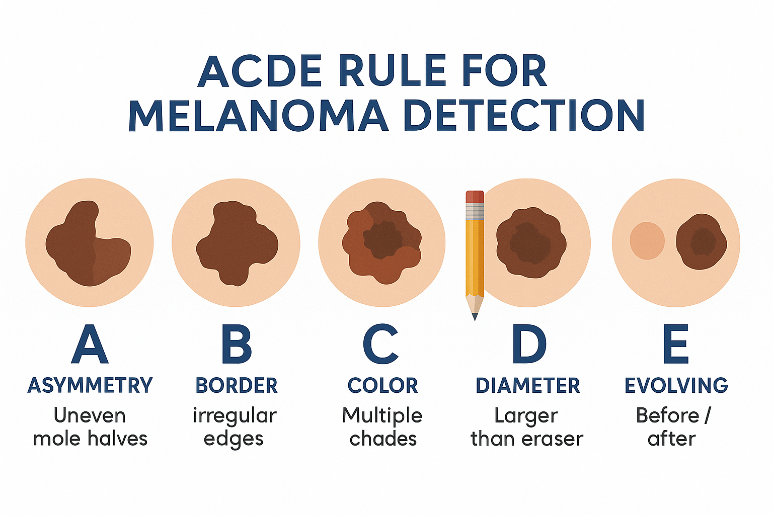 Detailed medical infographic showing the ABCDE rule for melanoma detection in landscape format (1536x1024). Five circular sections arranged 