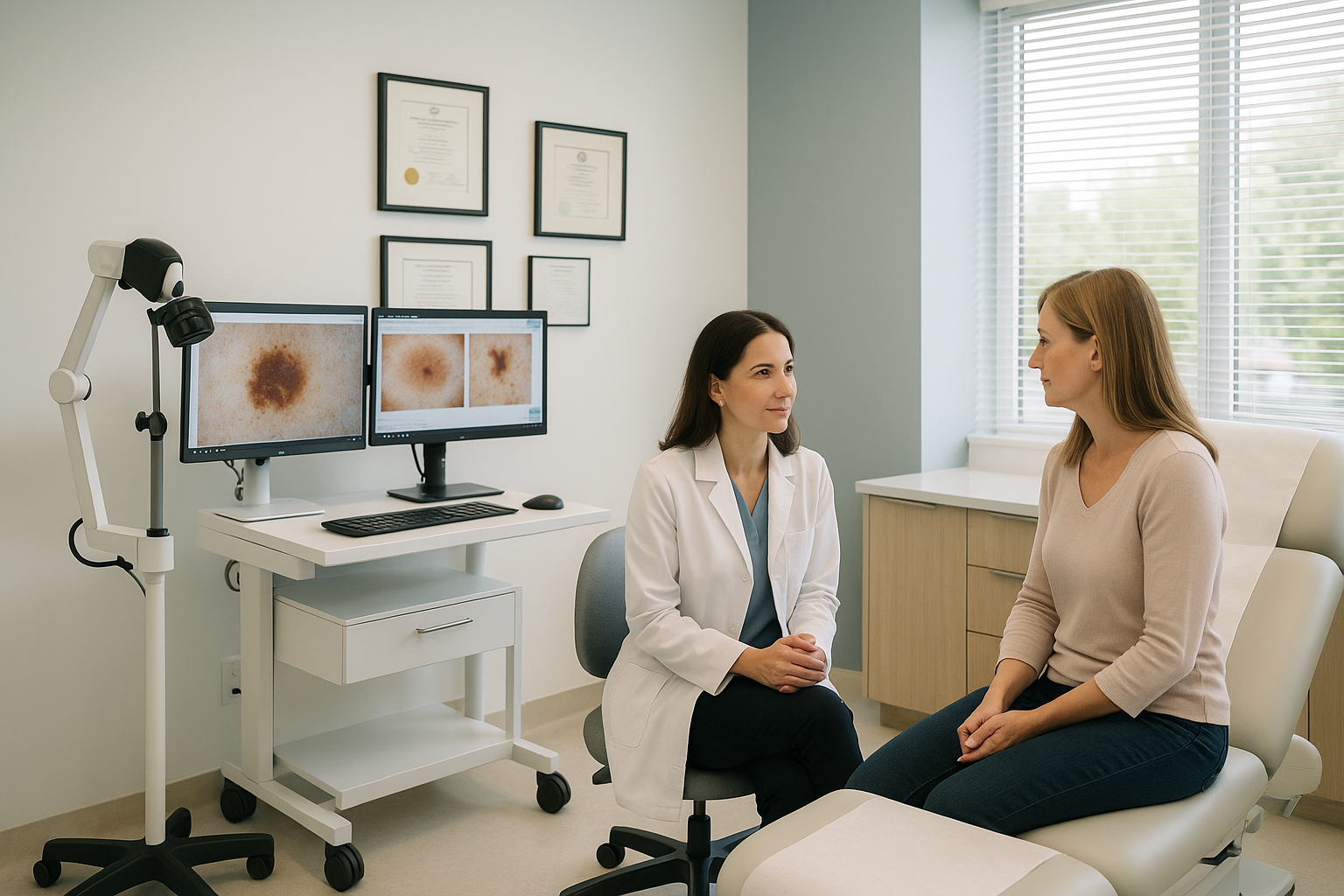 Professional medical facility interior photograph in landscape format (1536x1024) showing modern dermatology clinic examination room in Onta