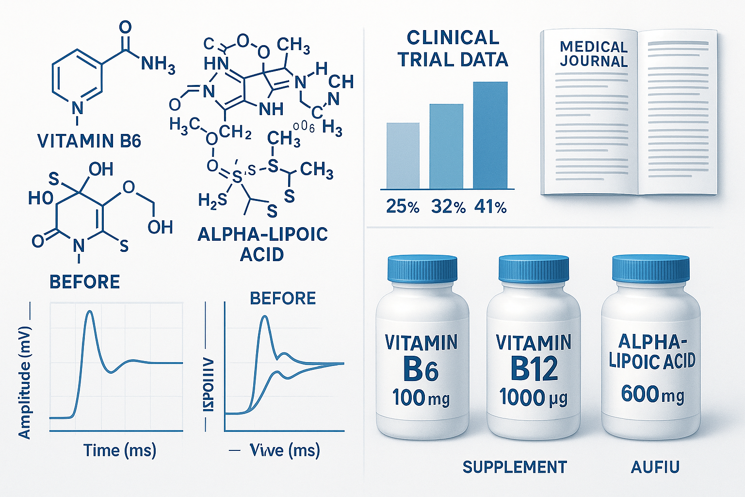 Scientific research visualization showing vitamin B6, B12, and alpha-lipoic acid molecular structures with clinical trial data charts, perce