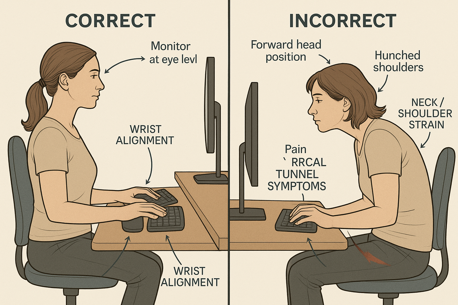 Split-screen comparison illustration showing correct vs incorrect workplace ergonomics and their impact on carpal tunnel symptoms. Left side