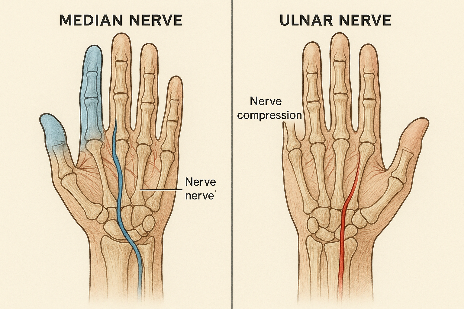 Medical illustration showing hand anatomy with median nerve pathway highlighted in blue affecting thumb and index finger, contrasted with ul