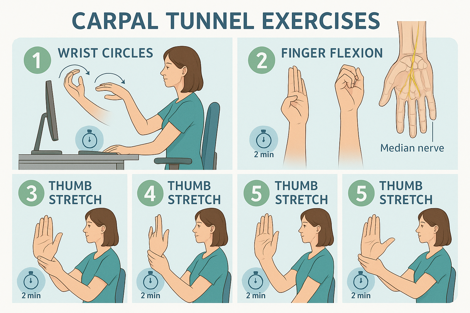 Detailed infographic showing step-by-step carpal tunnel exercises at desk workspace (1536x1024). Split-screen layout featuring person demons