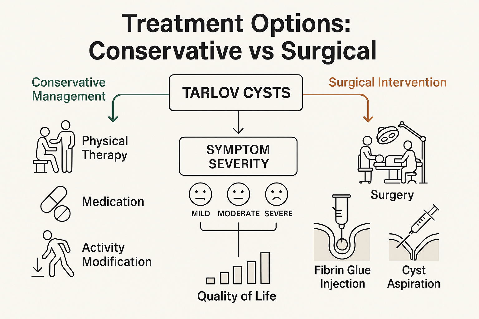 Clinical comparison infographic in landscape format (1536x1024) showing treatment decision flowchart for Tarlov cysts, split-screen design w