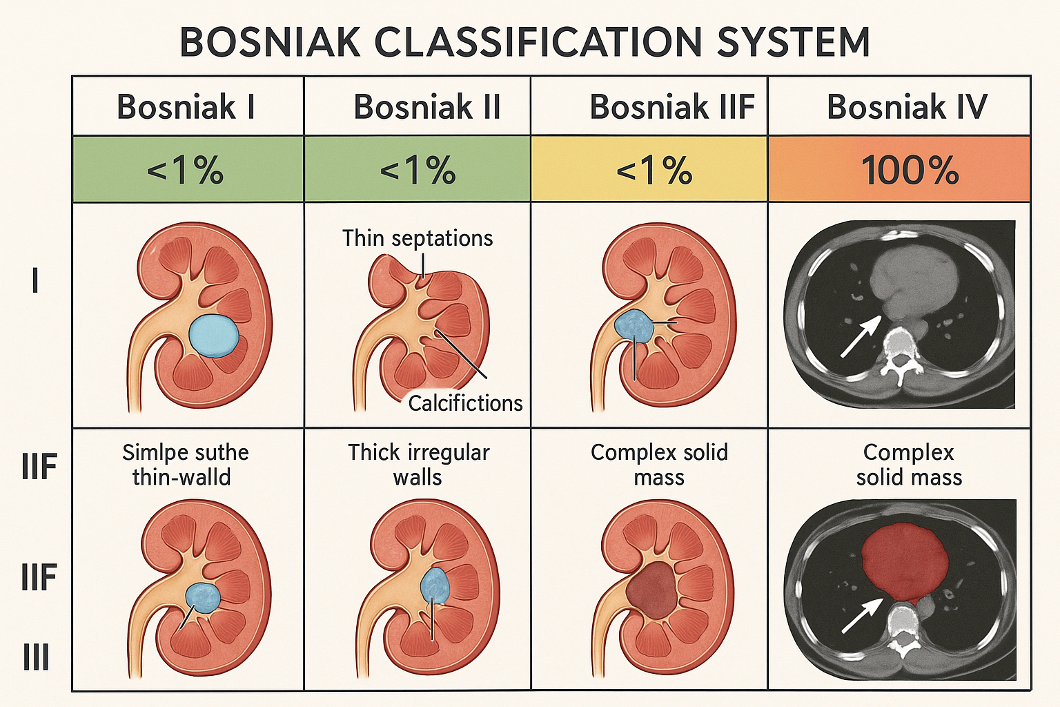 Detailed medical illustration landscape image (1536x1024) showing Bosniak classification system for kidney cysts in patient-friendly visual