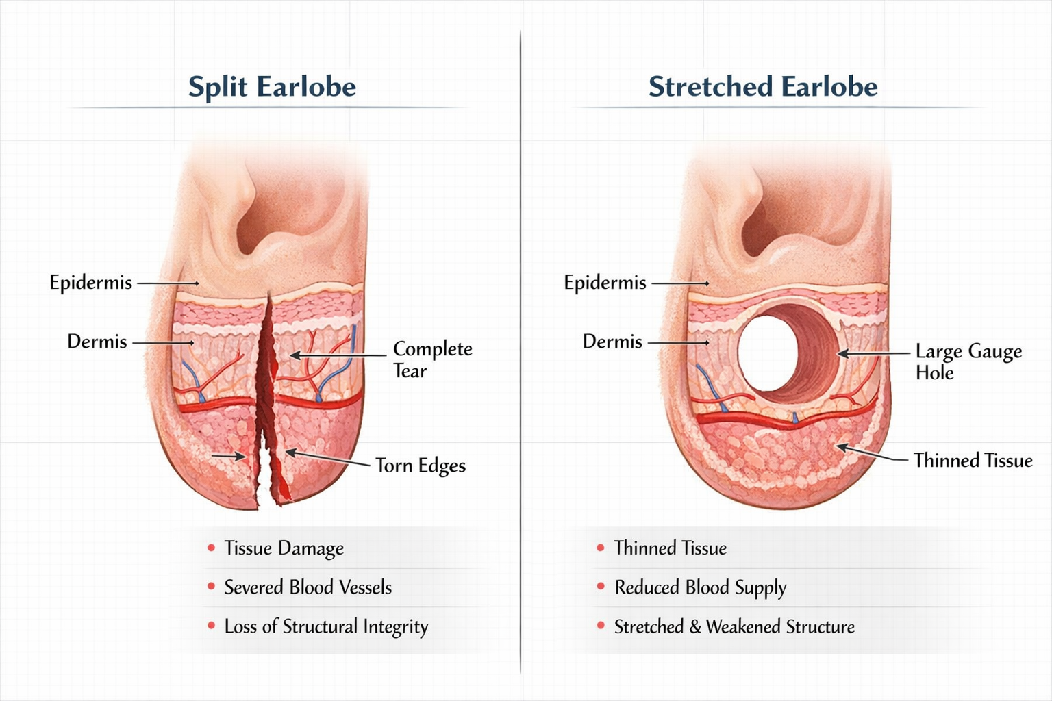 Detailed medical illustration showing anatomical cross-section comparison of split earlobe versus stretched earlobe from gauges in landscape