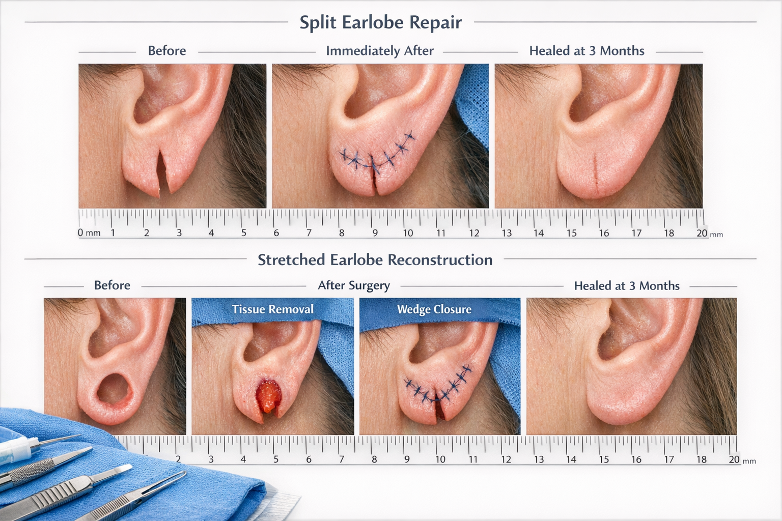 Professional medical photography showing surgical repair comparison in landscape format (1536x1024). Top half displays split earlobe repair 