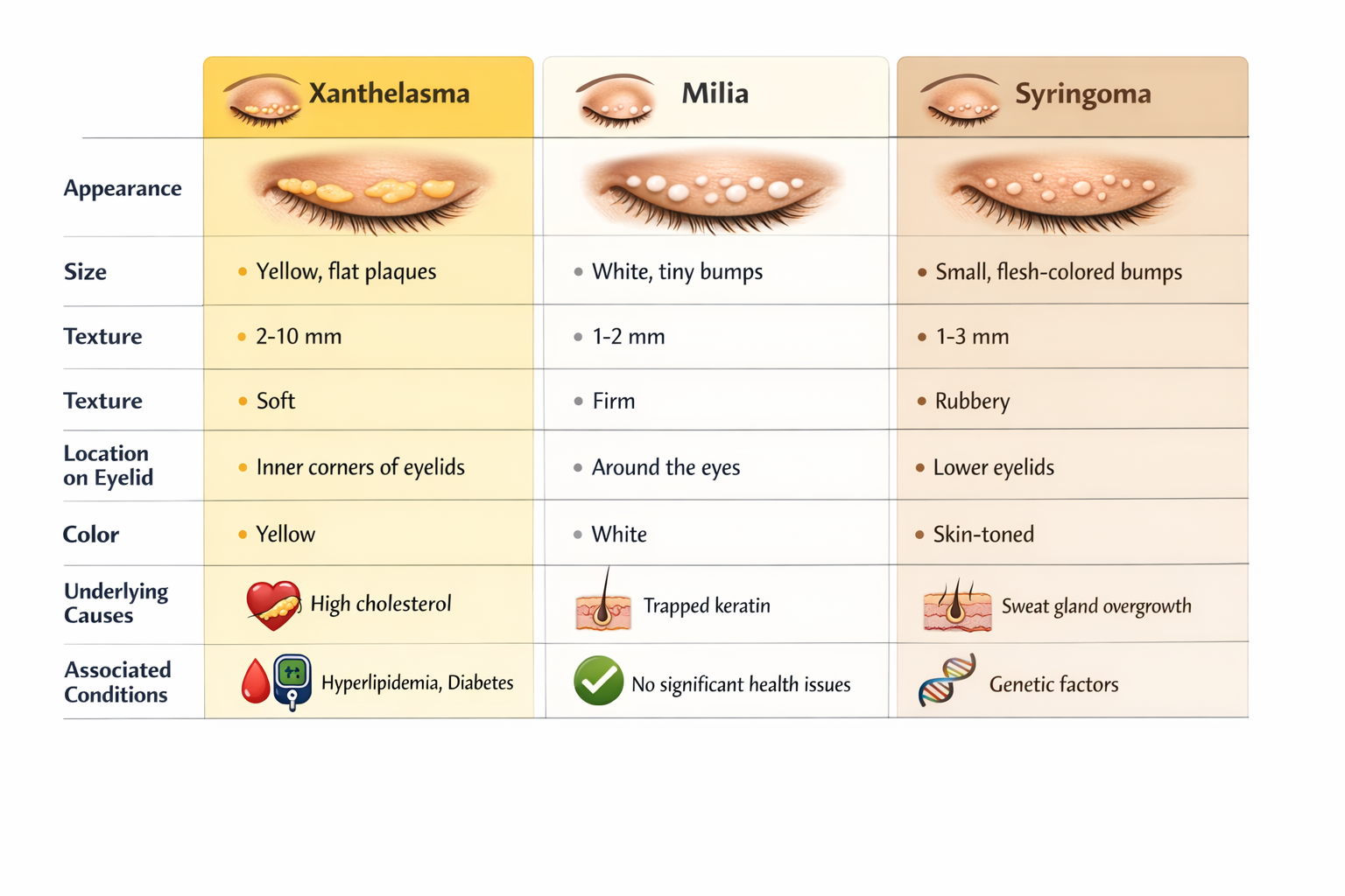 Educational infographic in landscape format (1536x1024) showing detailed comparison table of xanthelasma, milia, and syringoma characteristi