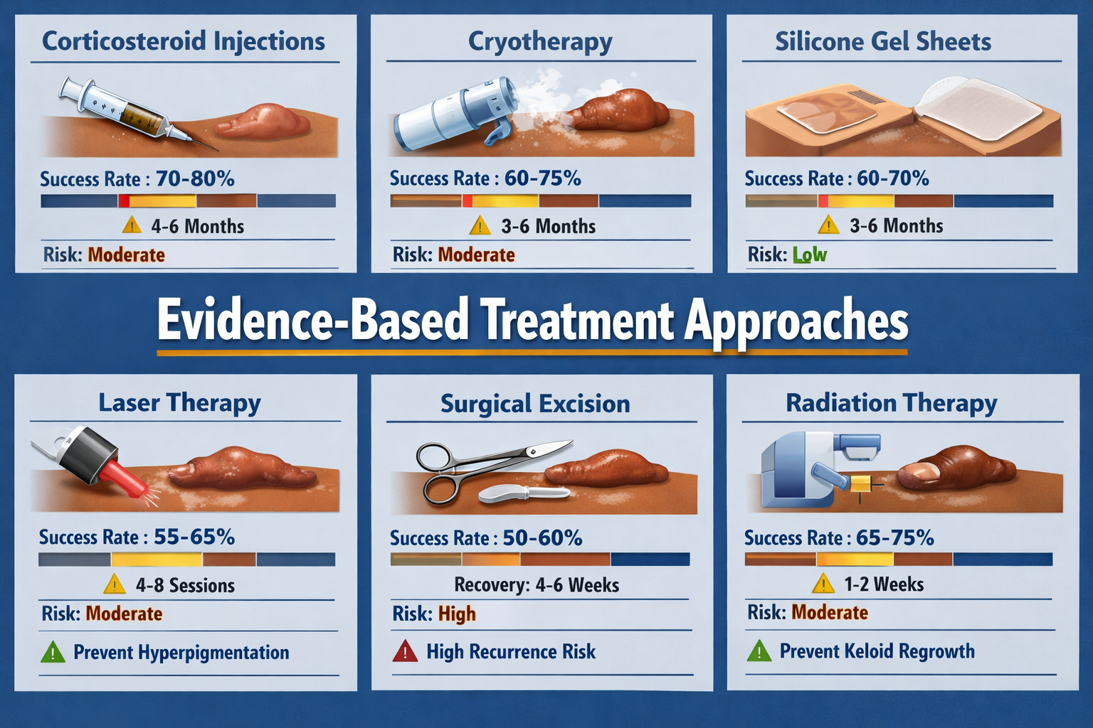 Comprehensive infographic (1536x1024) displaying keloid treatment options specifically for darker skin types, organized in grid format with 