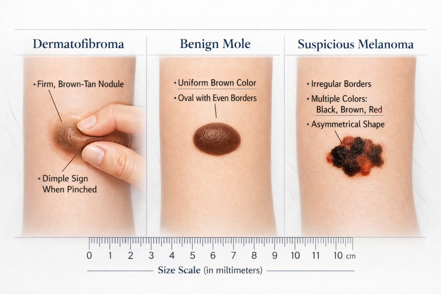 Detailed medical illustration (1536x1024) showing side-by-side comparison of three distinct leg skin lesions in landscape format. Left panel