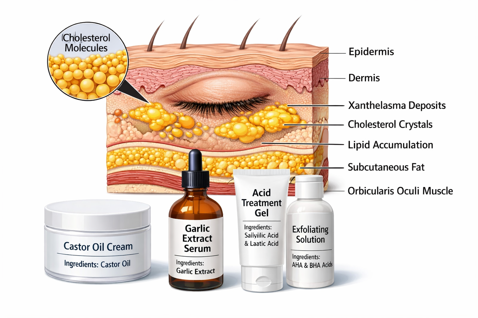 Detailed medical illustration showing cross-section of skin layers around eye area with yellow xanthelasma deposits clearly visible beneath 