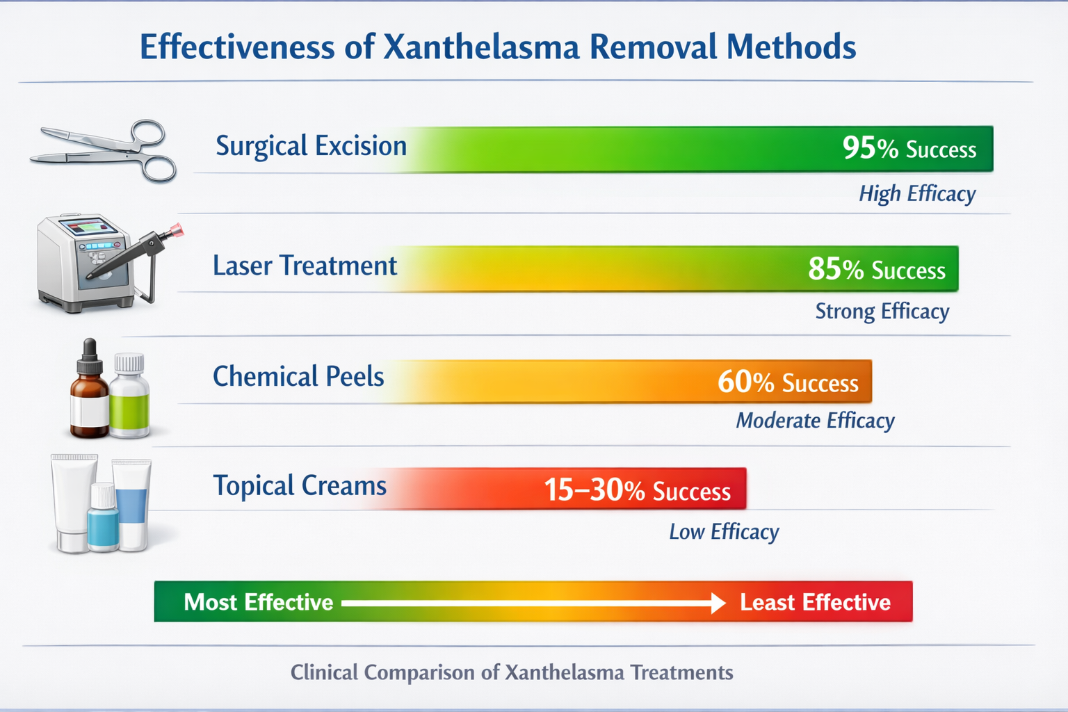 Clinical comparison chart displaying effectiveness ratings of different xanthelasma removal methods in horizontal bar graph format: surgical