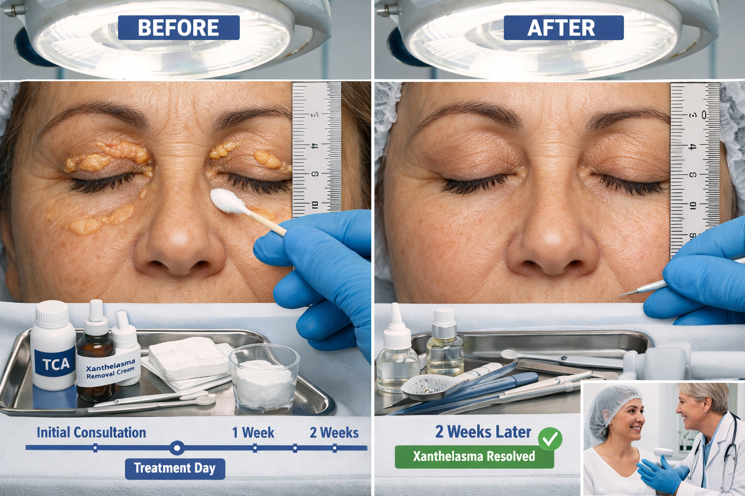 Split-screen before and after medical photography showing eye area with xanthelasma, professional dermatology clinic setting with examinatio