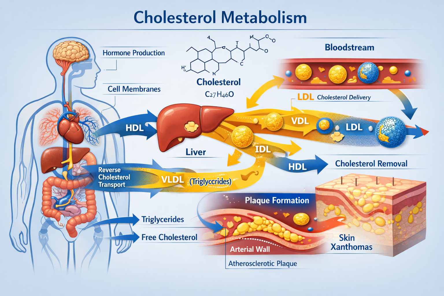 Scientific cholesterol metabolism diagram showing lipid transport pathways, molecular structure of cholesterol, animated flow chart connecti