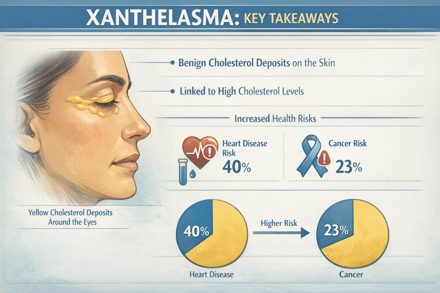 Medical infographic summarizing key takeaways about xanthelasma, featuring stylized human face profile with yellow cholesterol deposits arou
