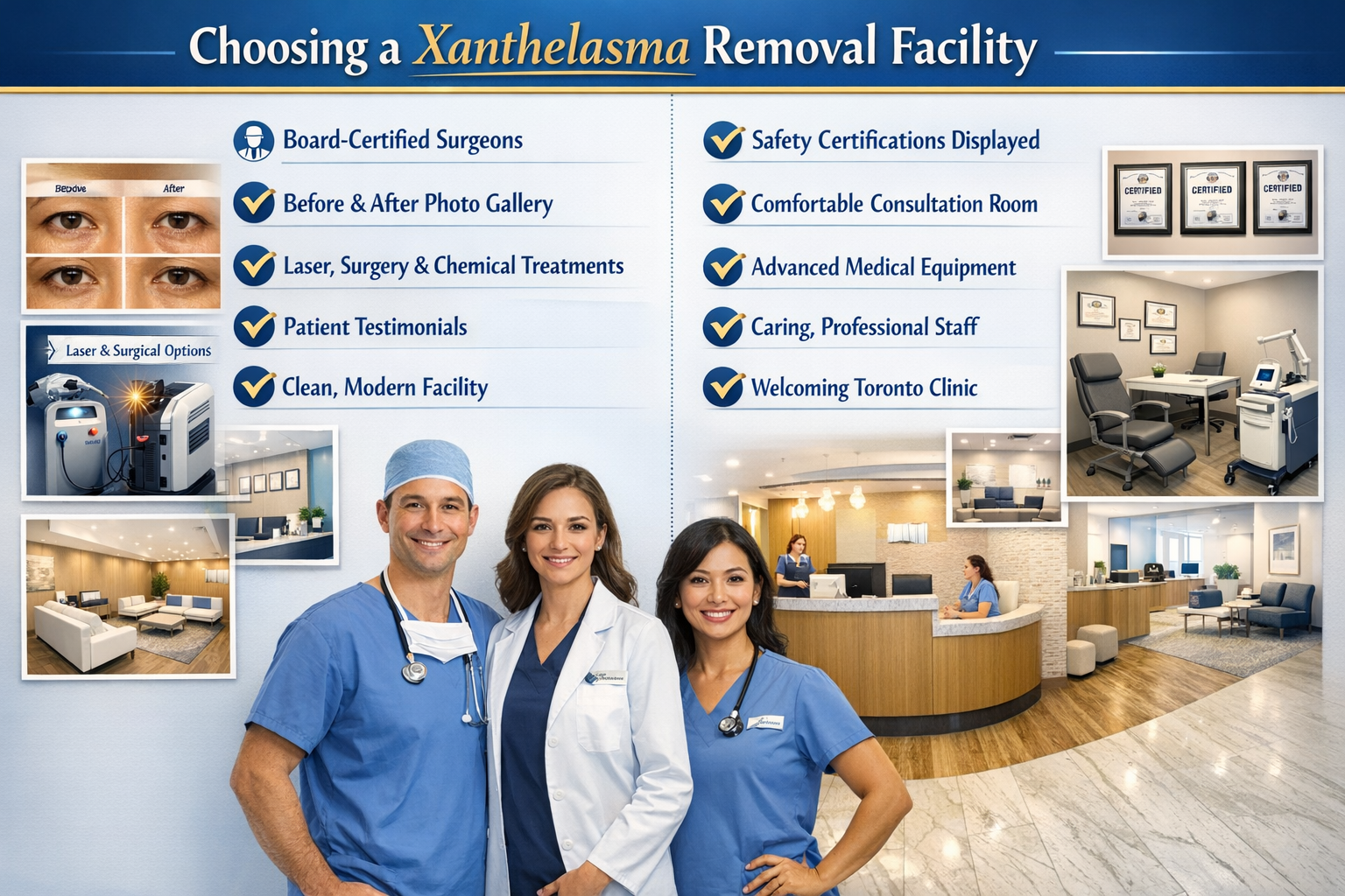 Modern medical clinic comparison infographic showing side-by-side evaluation criteria for choosing xanthelasma removal facility, split-scree