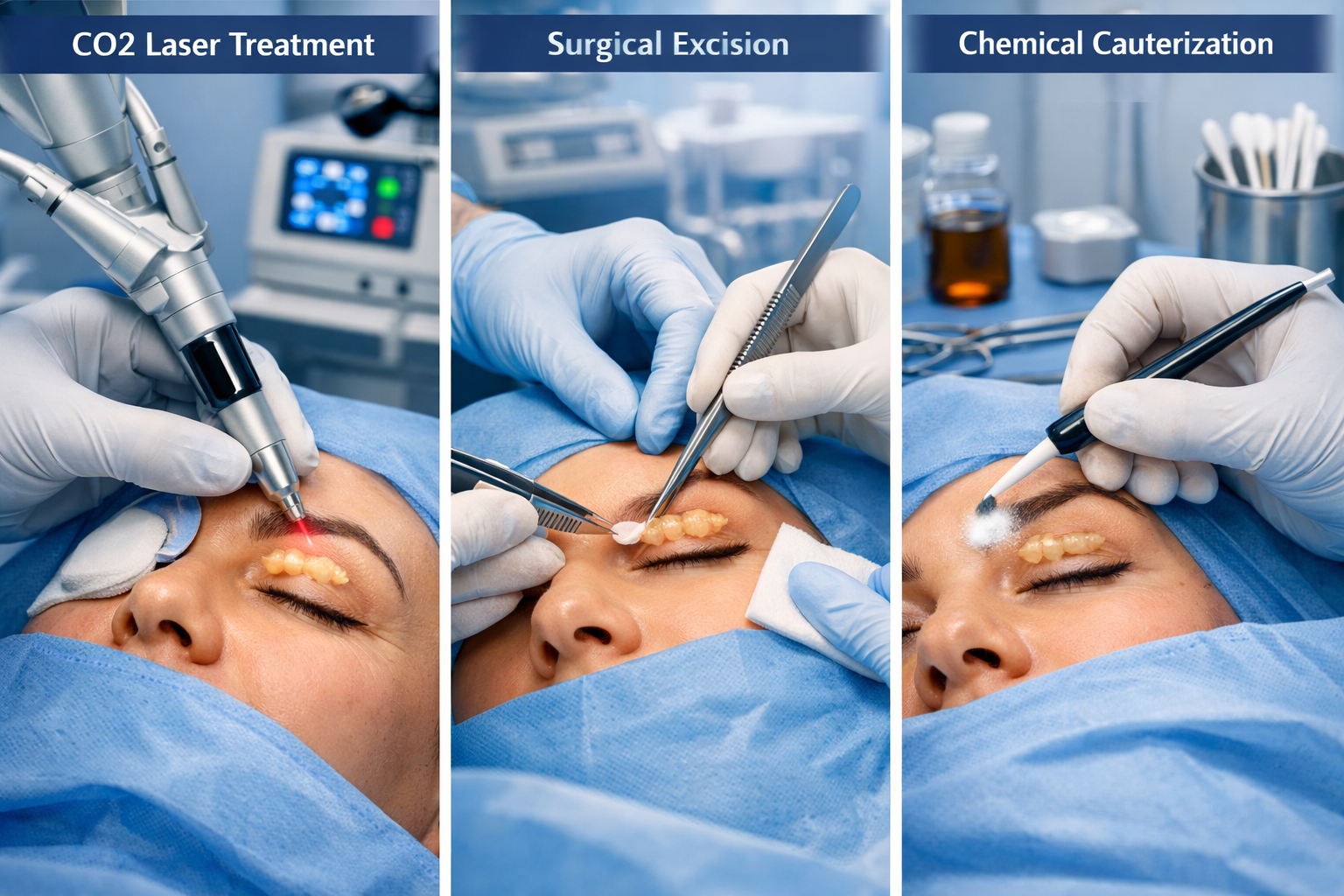 Professional medical procedure visualization showing xanthelasma removal treatment options in clean clinical setting, triptych layout displa