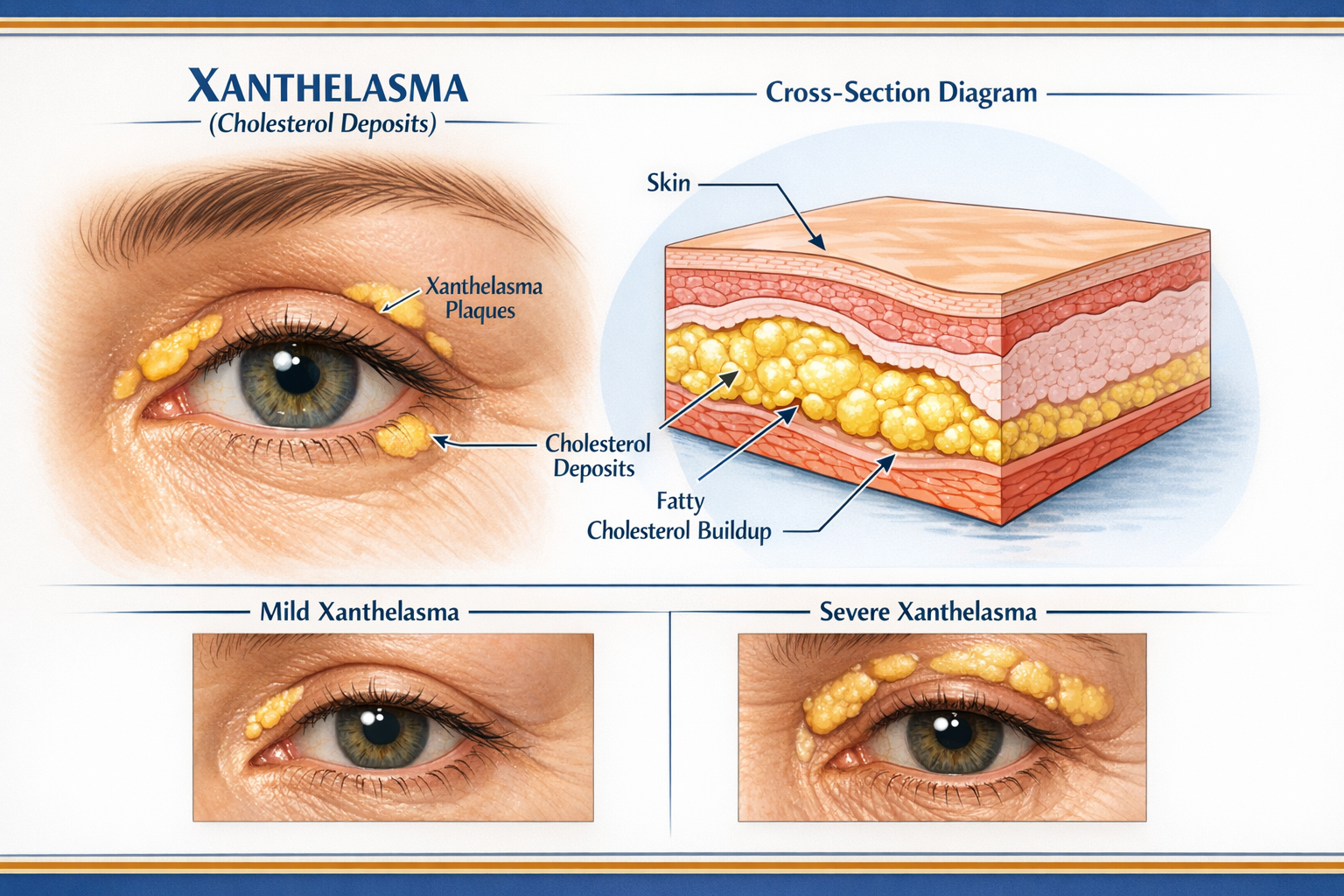 Detailed medical illustration showing close-up of human eye and eyelid area with labeled xanthelasma deposits (yellowish plaques near inner 