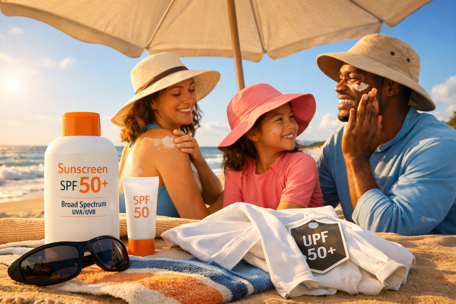 Lifestyle prevention image showing sun protection strategies in bright outdoor setting. Main subject: diverse group of people at beach weari