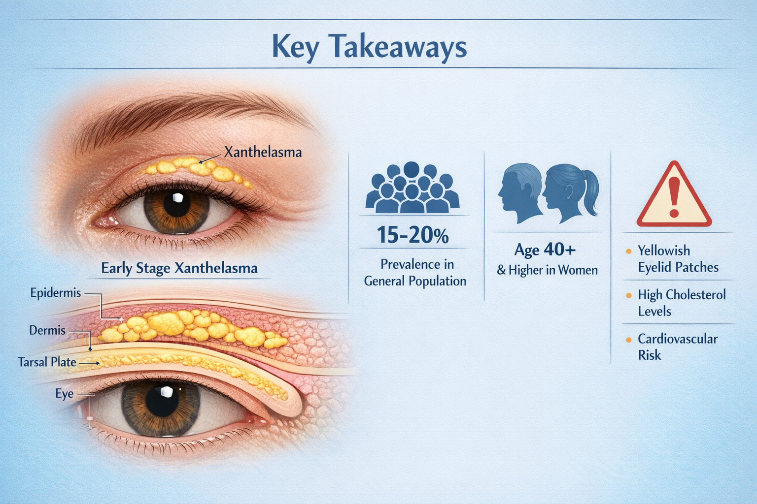 Medical infographic for 'Key Takeaways' section featuring clinical illustration of eyelid early stage xanthelasma, with stylized anatomical 