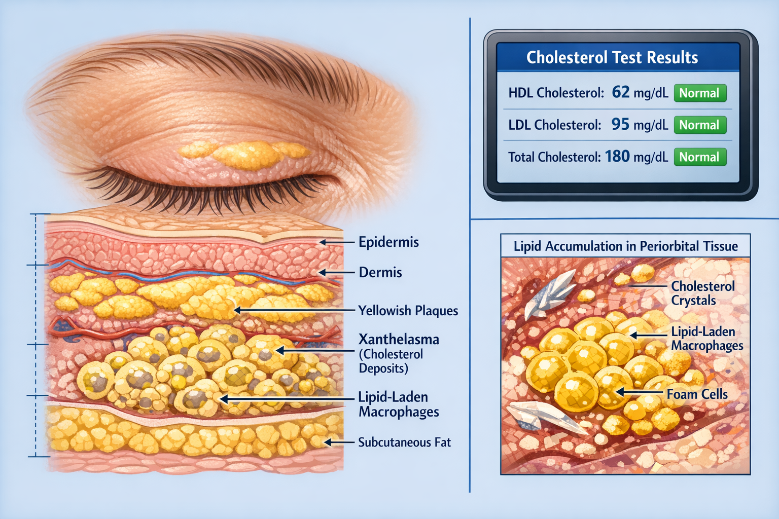 Detailed medical illustration showing cross-section of eyelid skin with xanthelasma deposits as yellowish plaques beneath the surface, label