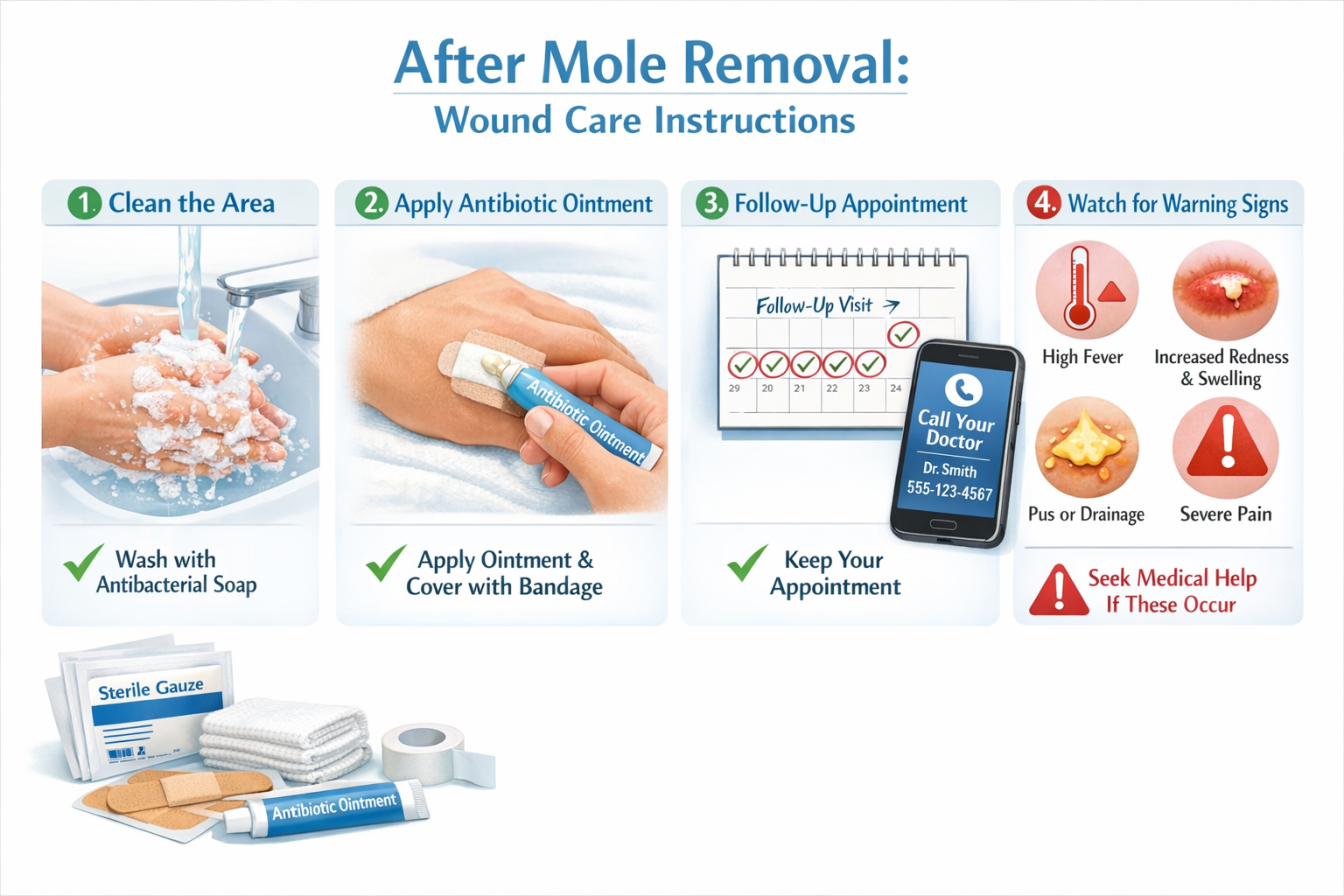 Professional landscape format (1536x1024) medical care instruction visual featuring clean white background with organized layout showing pro