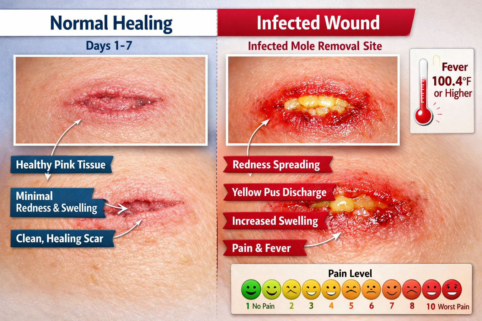 Detailed landscape format (1536x1024) medical infographic showing side-by-side comparison of normal healing versus infected mole removal sit