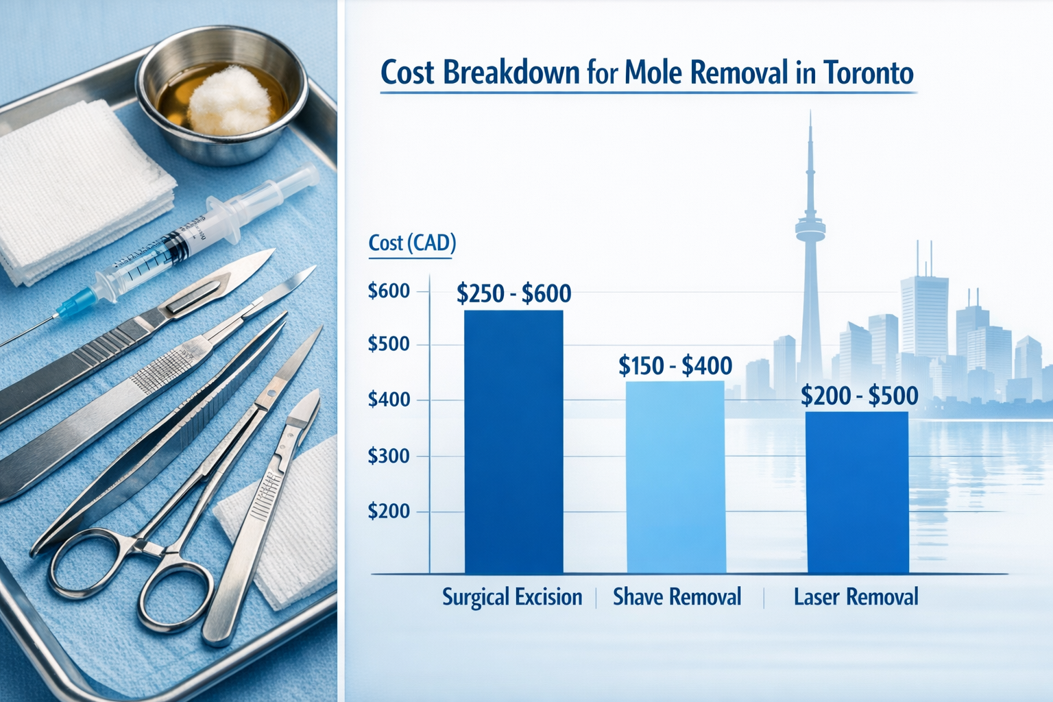 Detailed landscape format (1536x1024) infographic showing cost breakdown chart for mole removal procedures in Toronto, split-screen composit