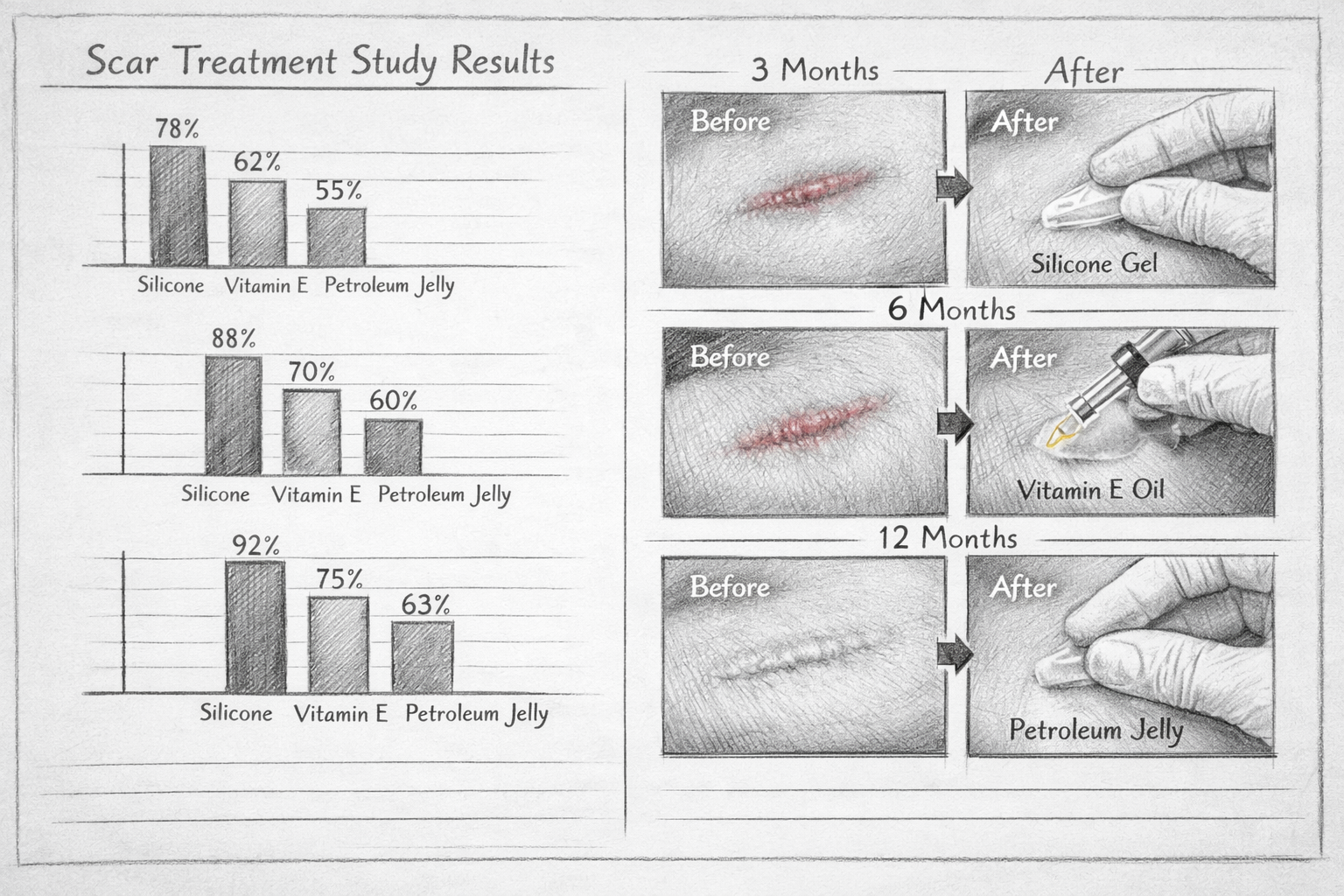 Pencil sketch, hand-drawn, artistic, Detailed landscape format (1536x1024) image depicting scientific evidence and clinical research for pos