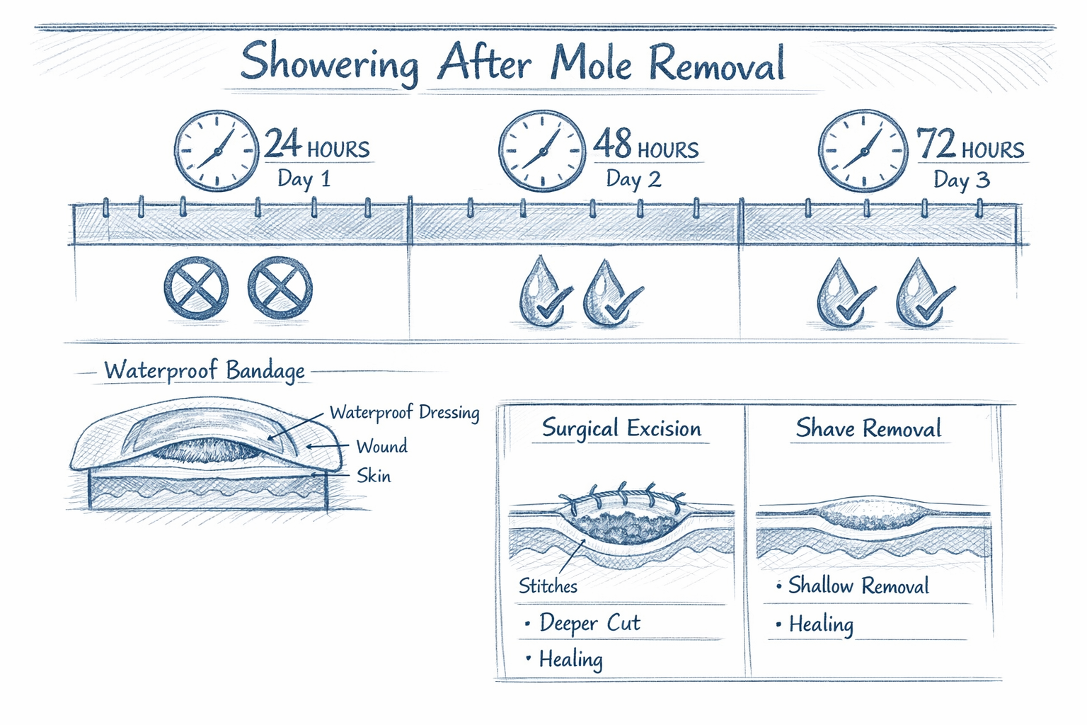 Pencil sketch, hand-drawn, artistic, Detailed landscape format (1536x1024) image showing medical timeline infographic for showering after mo